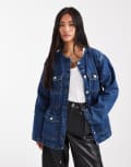 [ASOS DESIGN] ASOS DESIGN cinch waist utility pocket denim jacket with waist cord-Blue S BLUE