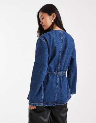 Asos Design Cinch Waist Utility Pocket Denim Jacket With Waist Cord-blue In Blue