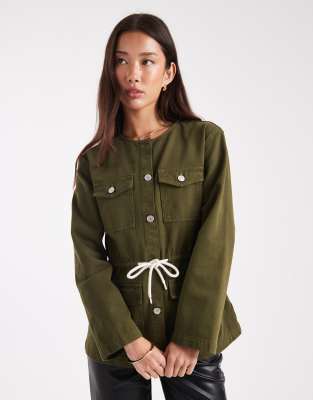 Asos Design Cinch Waist Utility Pocket Denim Jacket With Waist Cord-green