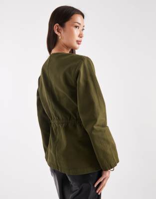 Asos Design Cinch Waist Utility Pocket Denim Jacket With Waist Cord-green In Green
