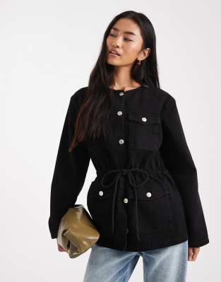 Asos Design Cinch Waist Utility Pocket Denim Jacket With Waist Cord-black