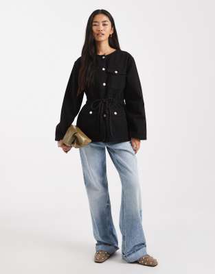 Asos Design Cinch Waist Utility Pocket Denim Jacket With Waist Cord-black In Black