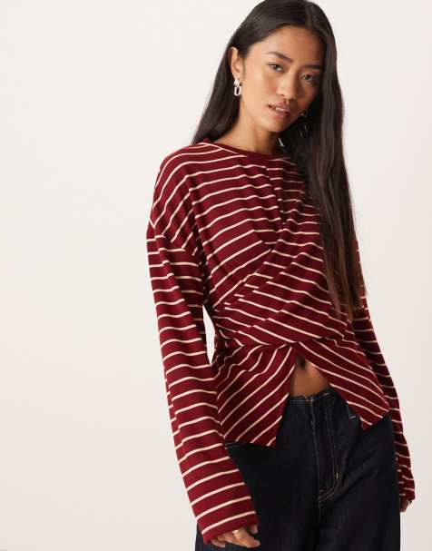 ASOS DESIGN cinch wrap waist long sleeve top in burgundy stripe - view 1