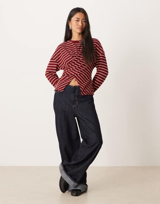 ASOS DESIGN cinch wrap waist long sleeve top in burgundy stripe, 2 of 4