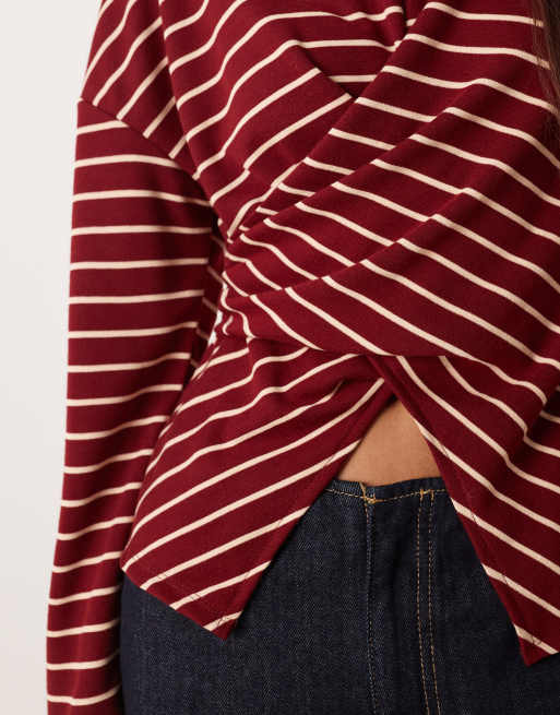 ASOS DESIGN cinch wrap waist long sleeve top in burgundy stripe, 3 of 4