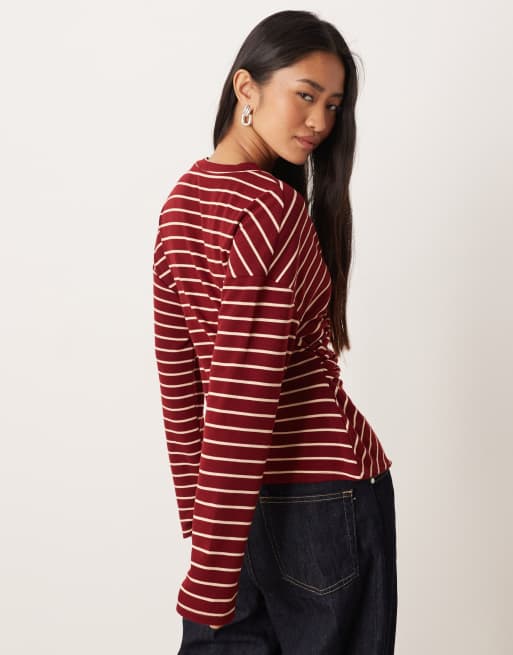 ASOS DESIGN cinch wrap waist long sleeve top in burgundy stripe, 4 of 4
