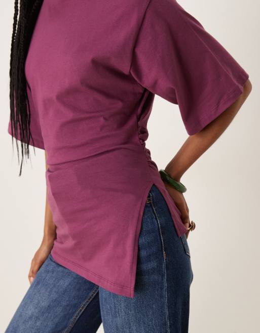 ASOS DESIGN cinched asymmetric hem t-shirt in plum