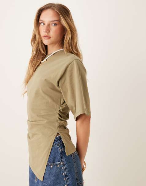 ASOS DESIGN cinched asymmetric hem tee in olive - view 1
