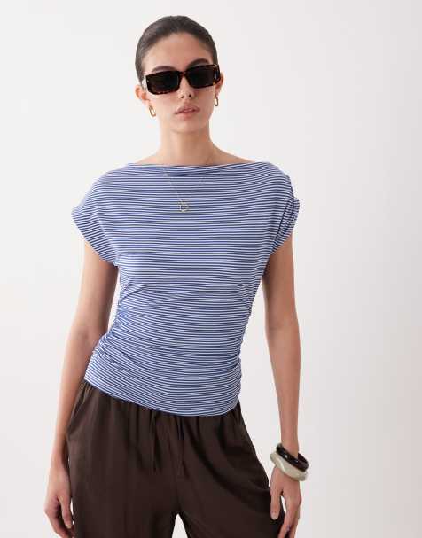 ASOS DESIGN cinched asymmetric long sleeve top in navy stripes - view 1