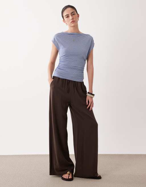 ASOS DESIGN cinched asymmetric long sleeve top in navy stripes, 2 of 4