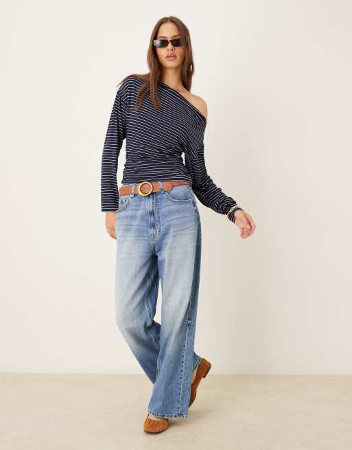 ASOS DESIGN cinched asymmetric long sleeve top in navy