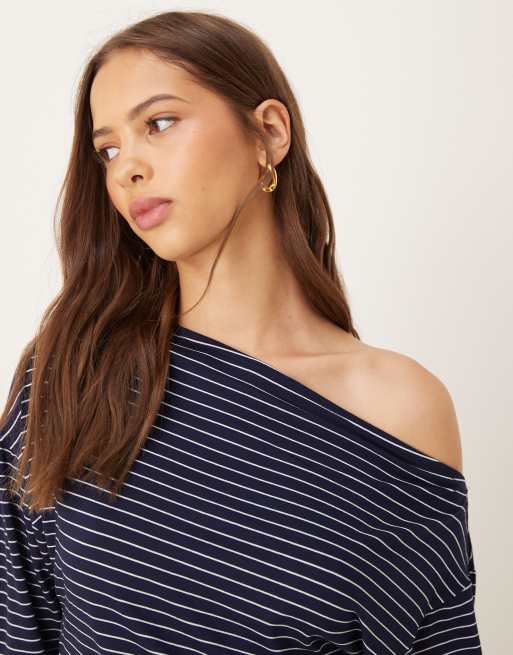 ASOS DESIGN cinched asymmetric long sleeve top in navy