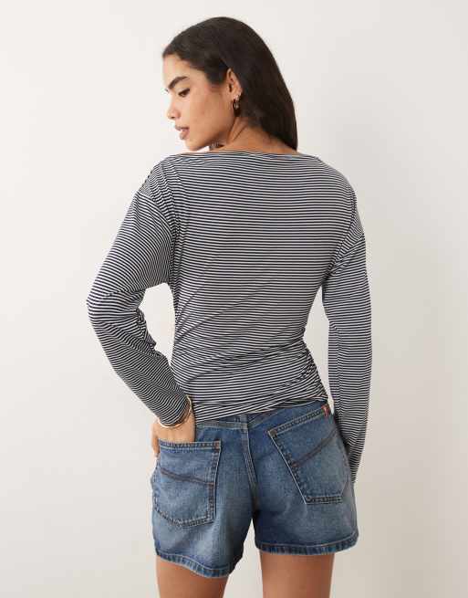 ASOS DESIGN cinched asymmetric long sleeve top in stripe, 3 of 4