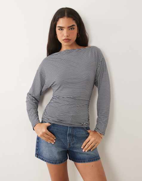 ASOS DESIGN cinched asymmetric long sleeve top in striped print - view 1