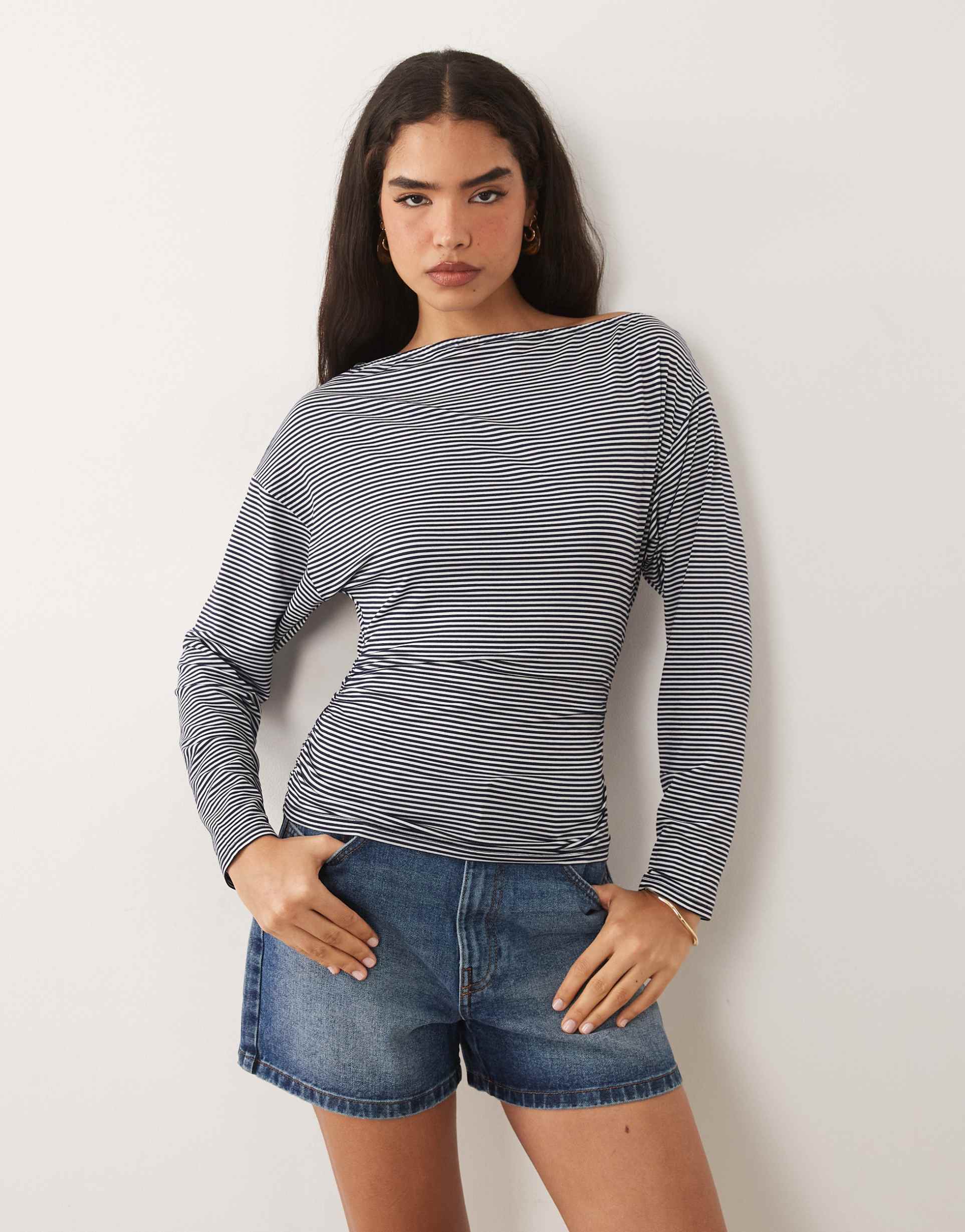 asos design cinched asymmetric long sleeve top in striped print