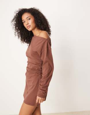 Asos Design Cinched Asymmetric Mini Dress In Brown