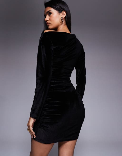 ASOS DESIGN cinched asymmetric off the shoulder velvet mini dress in black