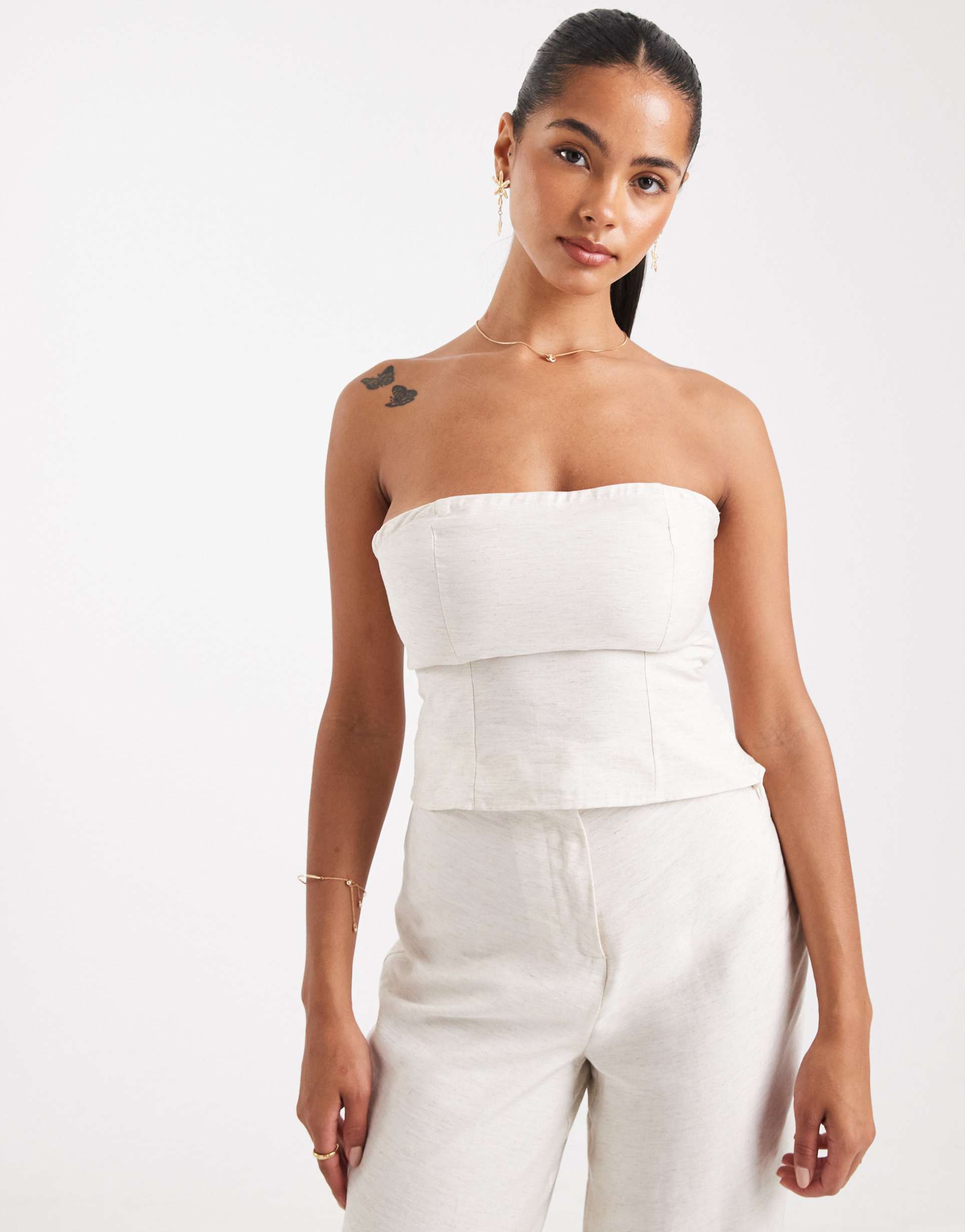 asos design cinched bandeau top in cream - part of a set