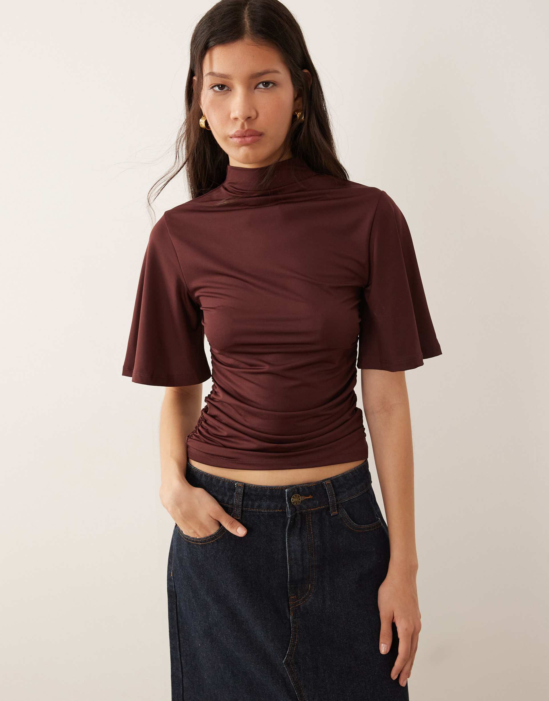 asos design cinched batwing top in burgundy