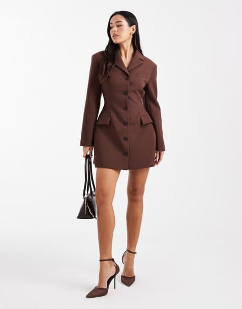 ASOS DESIGN cinched blazer mini dress in chocolate brown - view 1