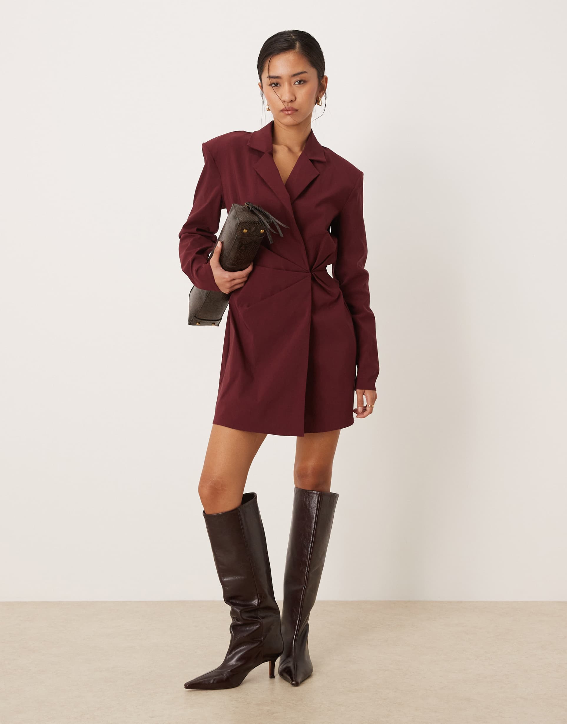 asos design cinched blazer mini dress in deep burgundy