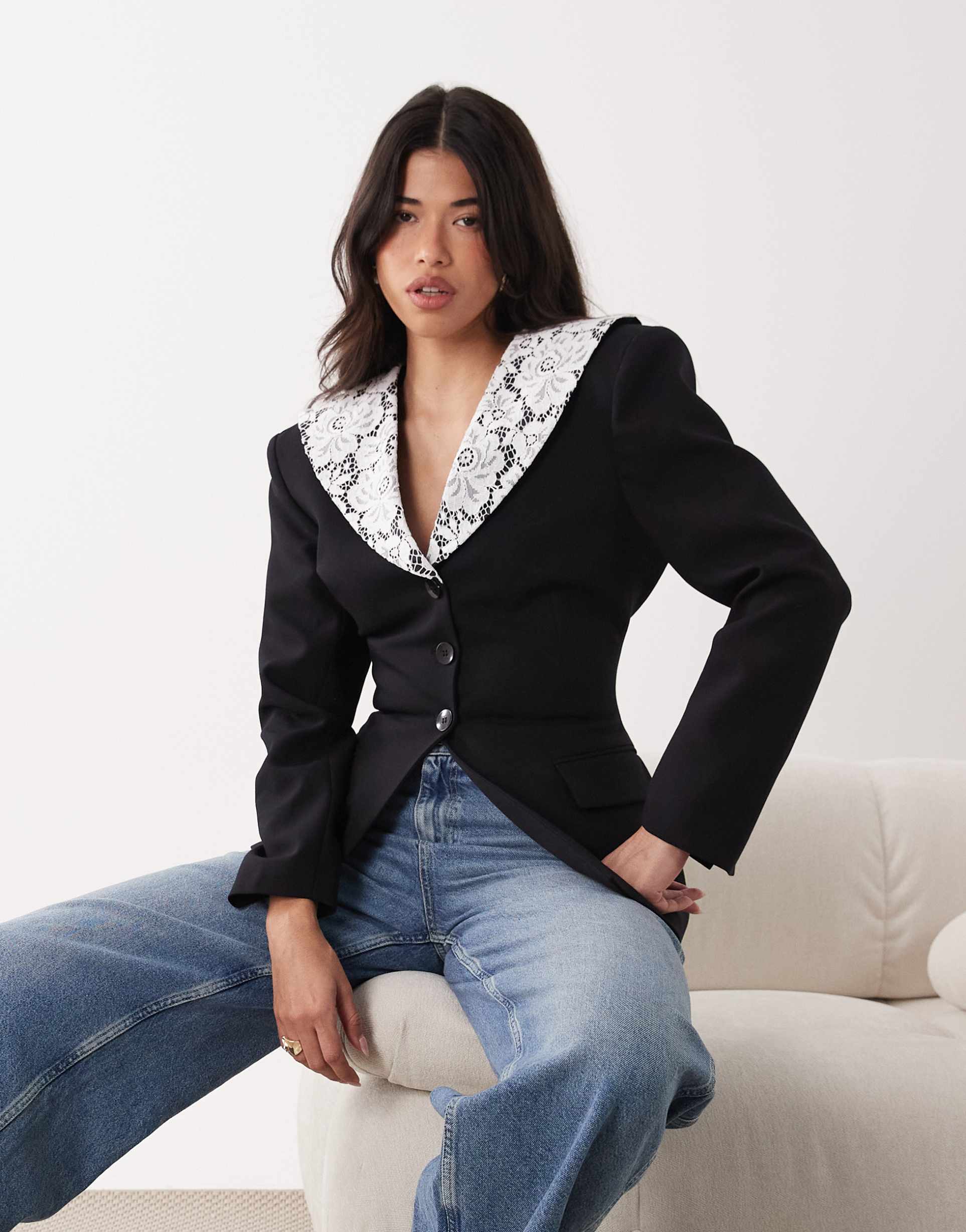 asos design cinched blazer with lace collar in black