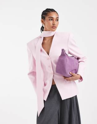 Asos Design Cinched Blazer With Scarf Detail-pink