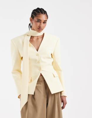 Asos Design Cinched Blazer With Scarf Detail-yellow