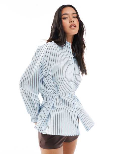 ASOS DESIGN cinched button detail shirt in blue and brown stripe - view 1