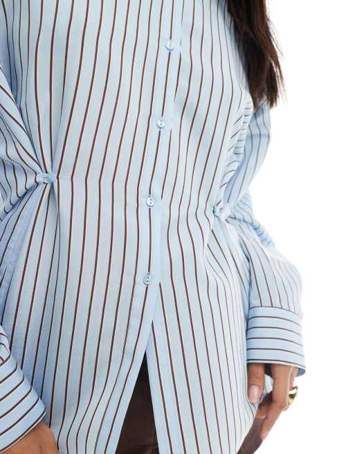 ASOS DESIGN cinched button detail shirt in blue and brown stripe, 2 of 5
