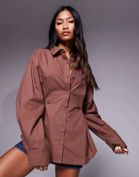 ASOS DESIGN cinched button detail shirt in brown - view 1