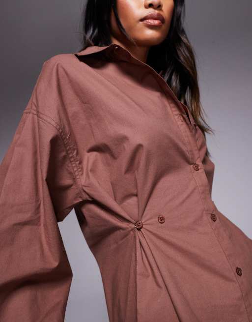 ASOS DESIGN cinched button detail shirt in brown