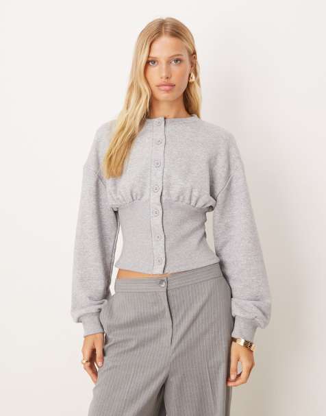 ASOS DESIGN cinched button through sweats top in gray heather - view 1