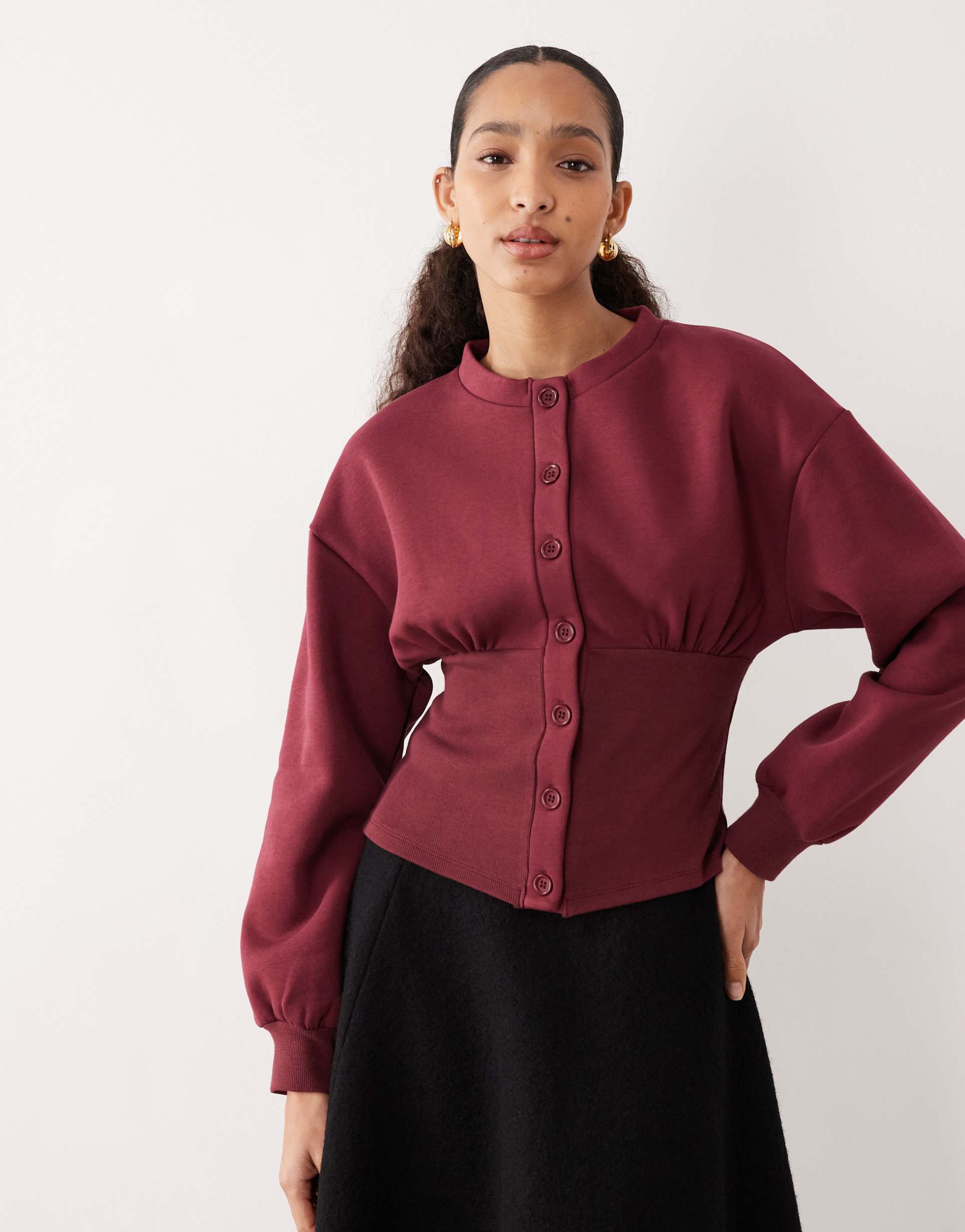 ASOS DESIGN cinched button through sweatshirt in burgundy