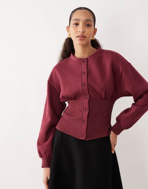 ASOS DESIGN cinched button up sweatshirt in burgundy - view 1