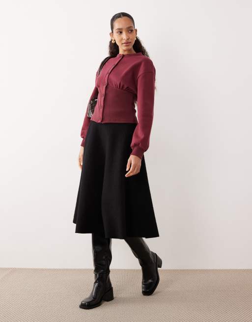 ASOS DESIGN cinched button up sweatshirt in burgundy, 2 of 4