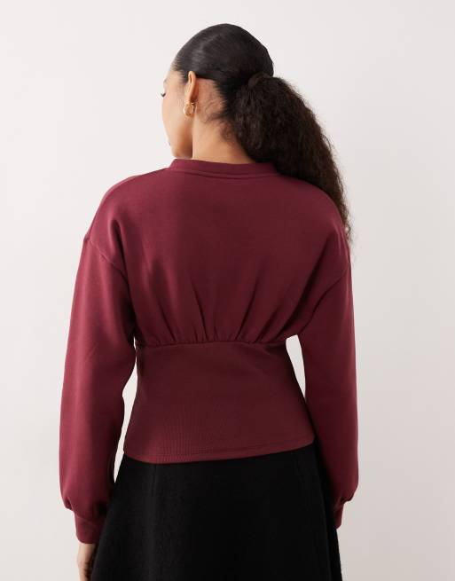 ASOS DESIGN cinched button up sweatshirt in burgundy, 3 of 4