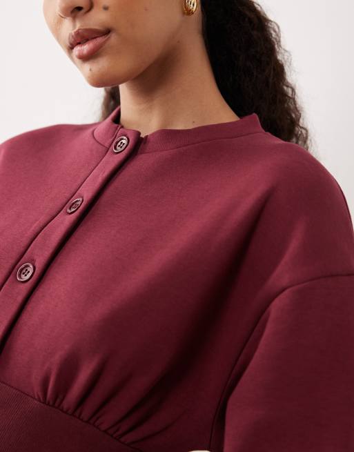ASOS DESIGN cinched button up sweatshirt in burgundy, 4 of 4