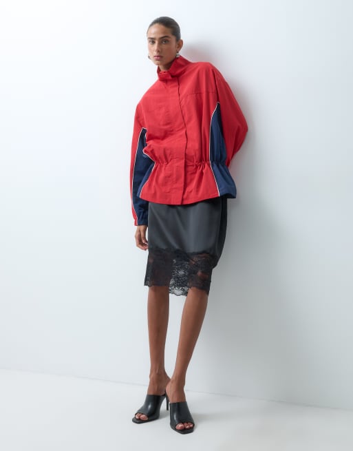 ASOS DESIGN cinched color block cinched jacket in red and blue, 2 of 4