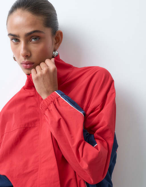 ASOS DESIGN cinched color block cinched jacket in red and blue, 3 of 4
