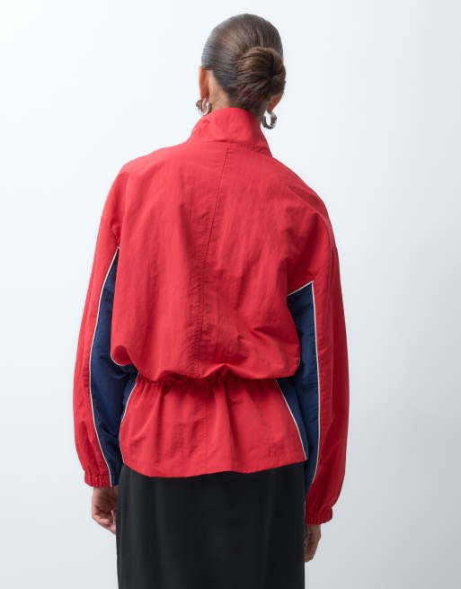 ASOS DESIGN cinched color block cinched jacket in red and blue, 4 of 4