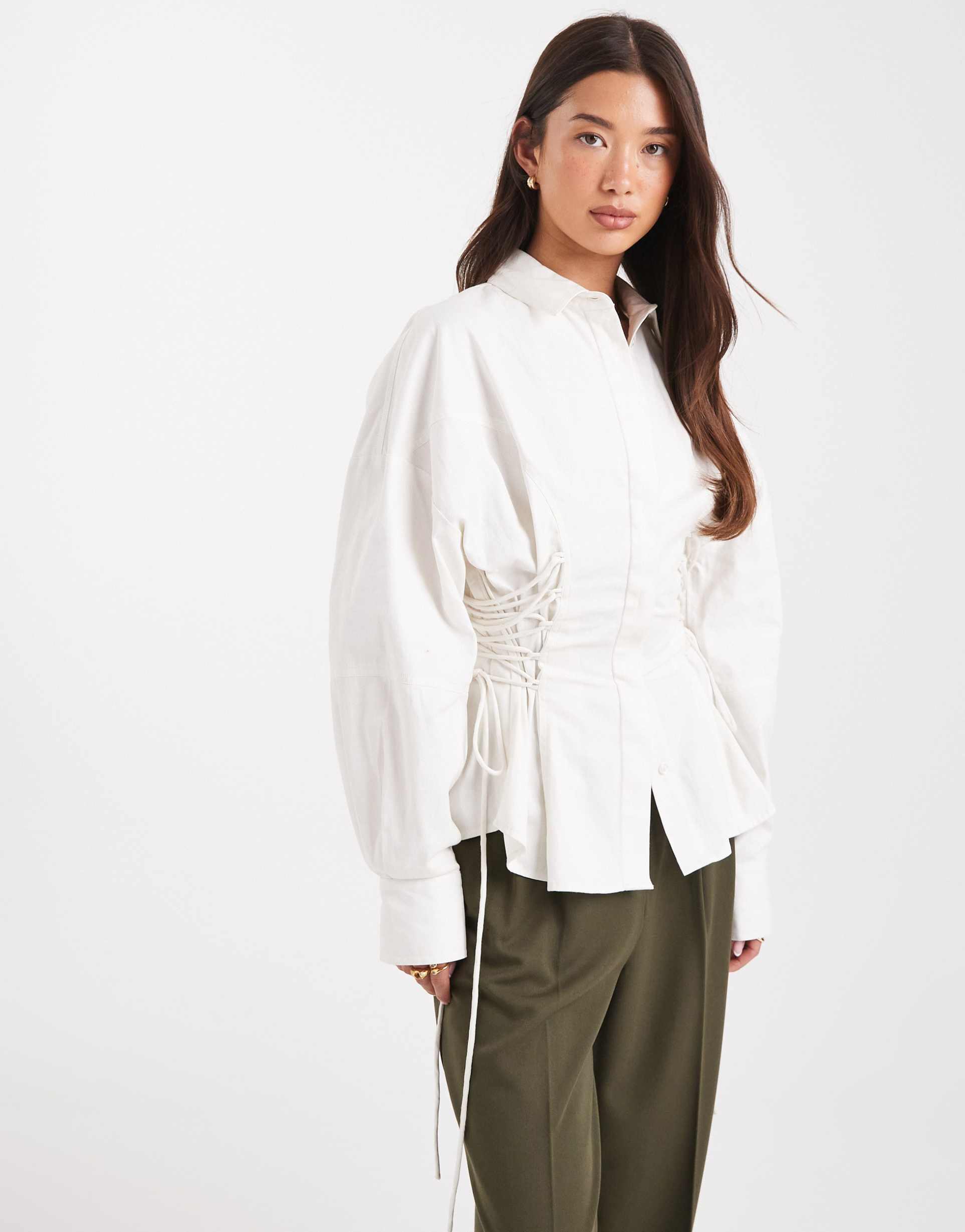 asos design cinched corset detail shirt in white