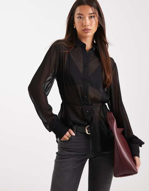 ASOS DESIGN cinched crinkle chiffon shirt in black - view 1