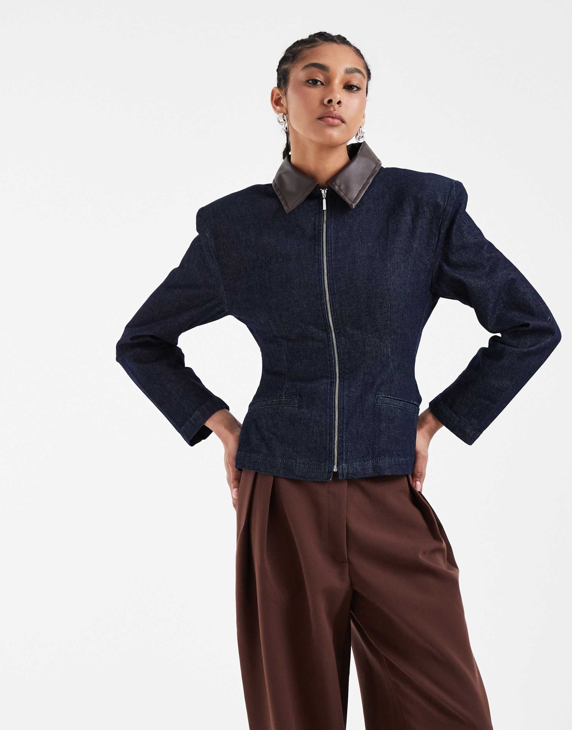 asos design cinched denim zip up jacket in indigo