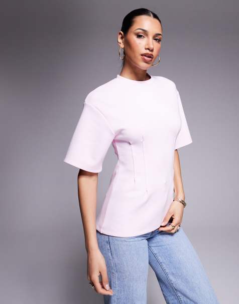 ASOS DESIGN cinched detail interlock oversized tee in pink - view 1