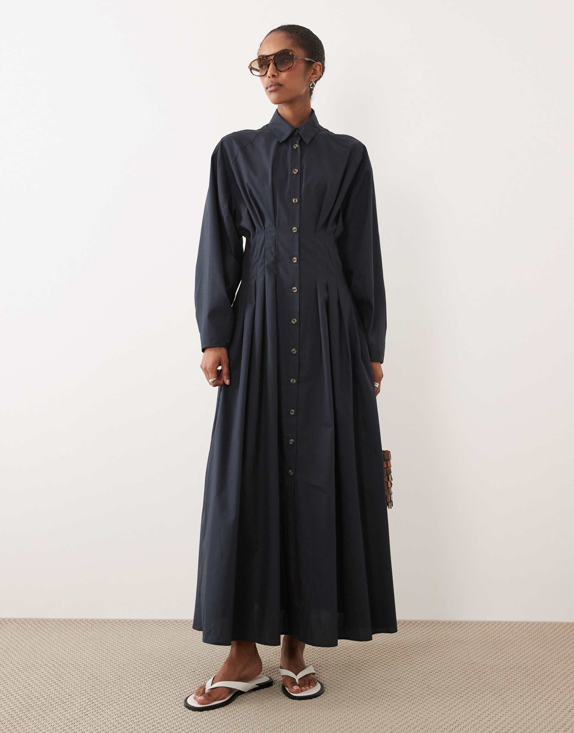 asos design cinched detail maxi shirt dress in navy