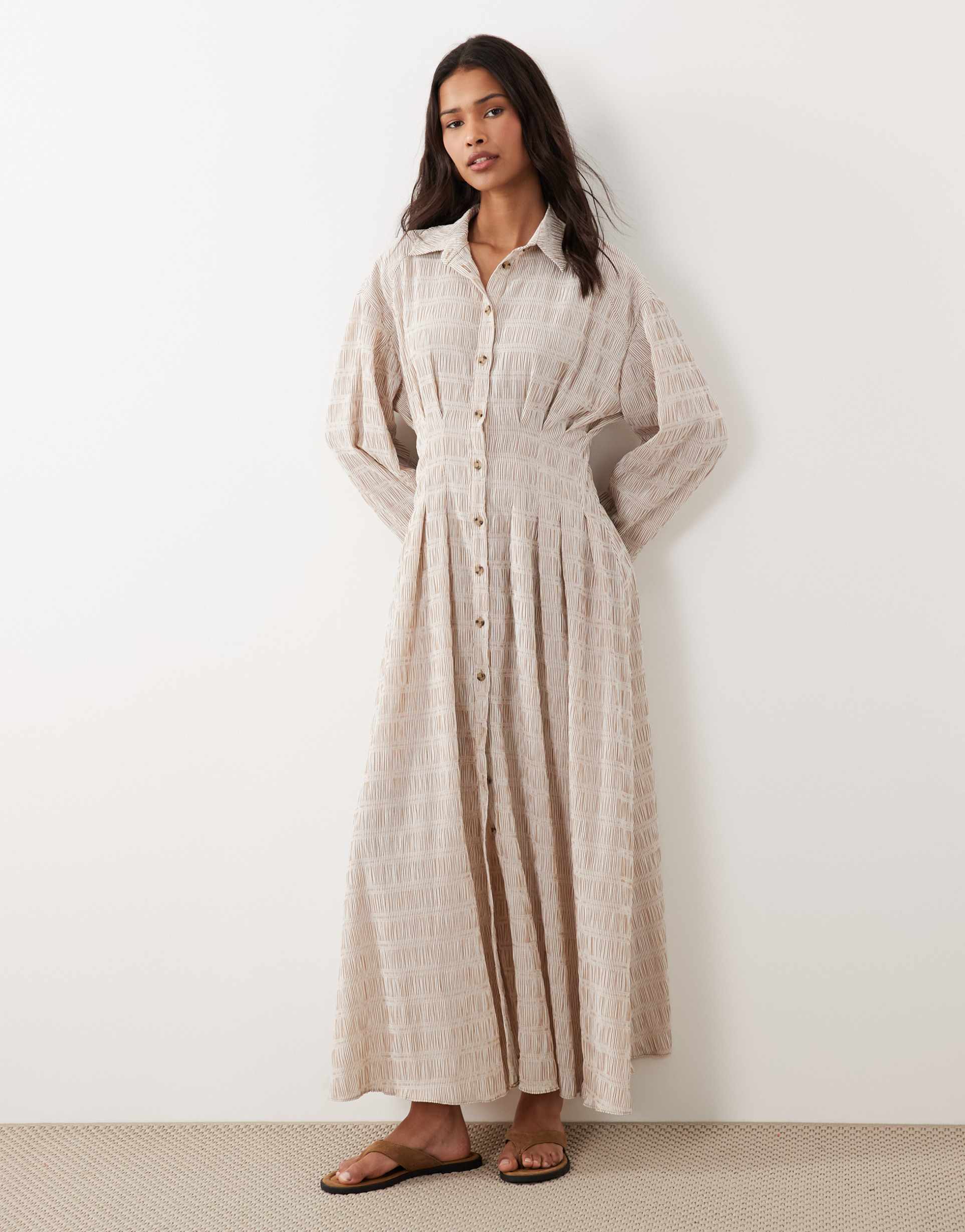 asos design cinched detail maxi shirt dress in neutral stripes