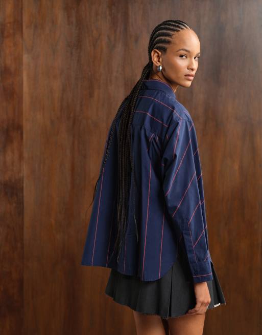 ASOS DESIGN cinched detail oversized shirt in red and blue stripe