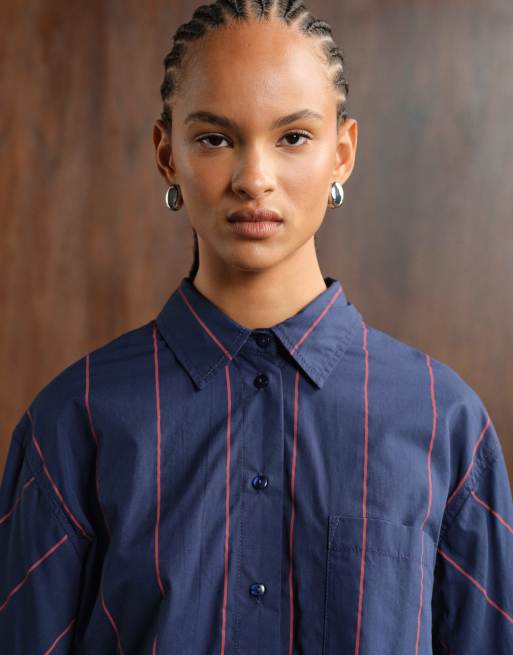 ASOS DESIGN cinched detail oversized shirt in red and blue stripe