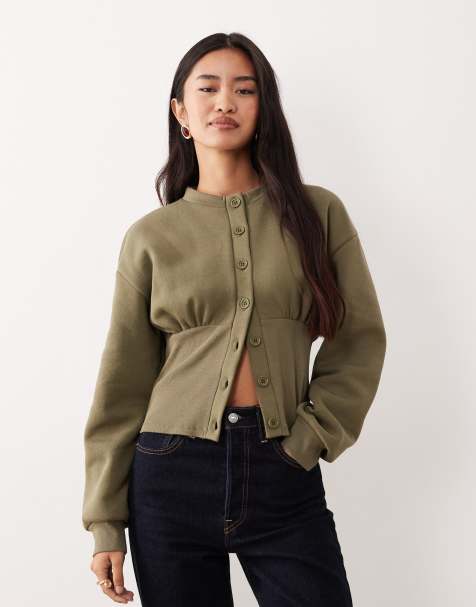 ASOS DESIGN cinched detail rib insert button through sweat in olive - view 1